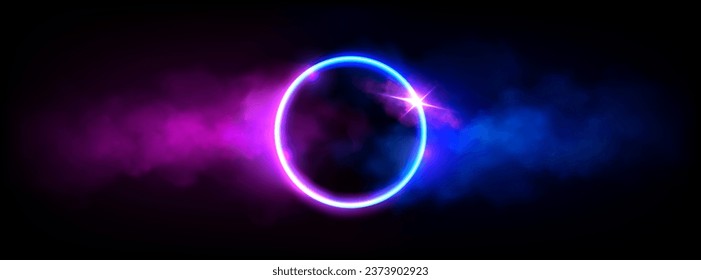 Neon luminous ring frame with cloud or smoke and twinkle. Realistic vector of led light circle with glowing pink and blue fog effect on dark background. Magic or futuristic game portal with haze.