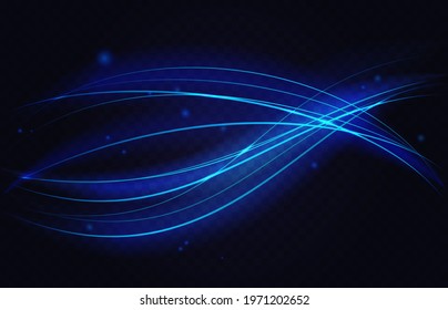 Neon luminous speed motion waves, abstract light effect vector illustration. Blue curve energy lines and waves with particles sparkles stars, magic shiny luminosity on transparent black background