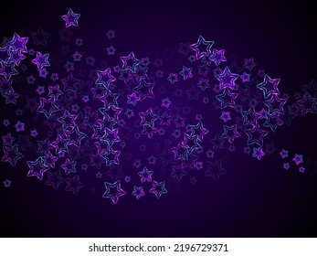 Neon luminous stars music vector background. Purple led magic New Year sparkles. Birthday banner holiday shiny colorful decor. Laser sparkling stars. Graphic illustration pattern.