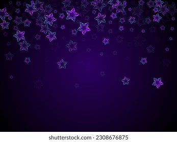 Neon luminous stars music vector background. Violet led magic New Year sparkles. Disco party banner holiday shiny colorful decor. Laser sparkling stars. Cool glowing design.