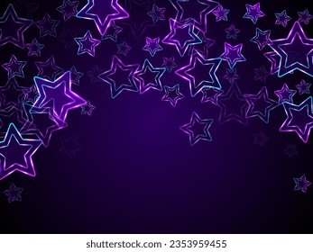 Neon luminous stars music vector background. Violet led magic New Year sparkles. Birthday banner holiday shiny colorful decor. Laser sparkling stars. Graphic illustration pattern.