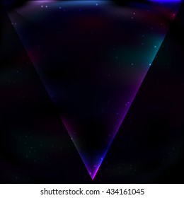 Neon  luminous triangle in retro style on background of the cosmos, an acute angle directed downward.