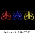 neon lungs icon. Glow Healthy Lungs, Human Respiratory System. Template for Pulmonary Clinic, Fluorography and Organ Screening. Shiny Neon Light Poster, Flyer, Banner. Glossy Background..