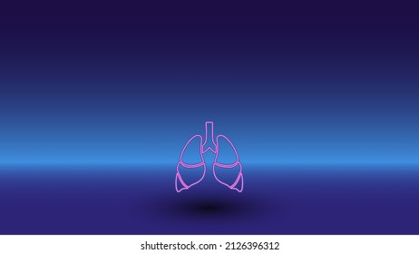Neon lungs symbol on a gradient blue background. The isolated symbol is located in the bottom center. Gradient blue with light blue skyline
