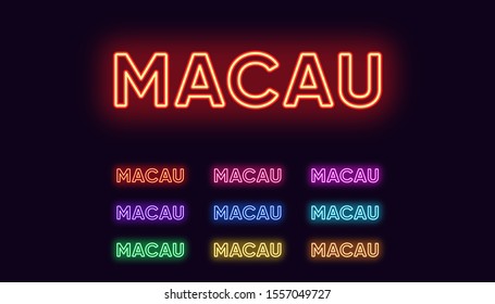 Neon Macau name, City in China. Neon text of Macau city. Vector set of glowing Headlines with transparent backlight. Red pink purple, violet blue azure, green yellow orange colors