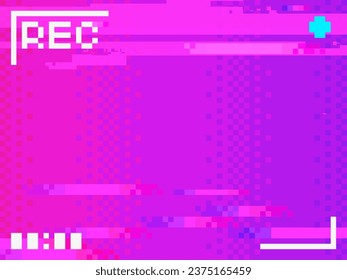 Neon Magenta Glitched Signal Gradient Background with Recording VCR Frame, Pixel Art