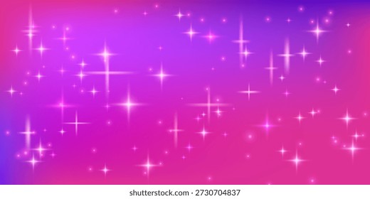 Neon magenta purple gradient background with sparkling light effects. Violet pink soft gradation for magic celebration design, festive project. Vector luxury Christmas starry bg.