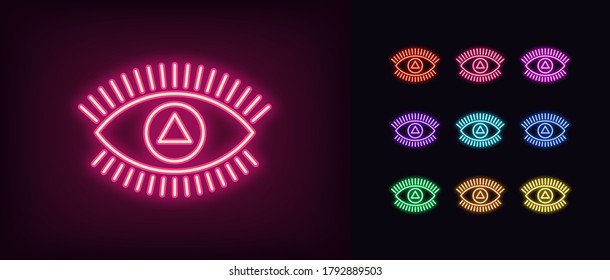 Neon magic eye icon. Glowing neon eye sign with triangular iris, spiritual vision in vivid colors. Mystic sight, divinity providence, foresight. Icon set, sign, symbol for UI. Vector illustration