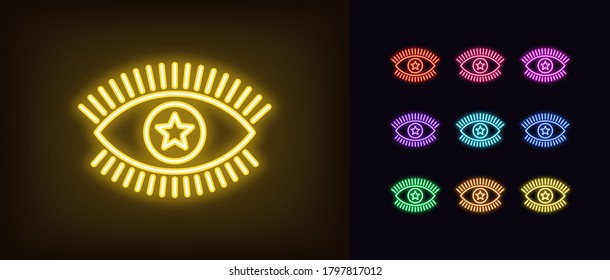 Neon magic eye icon. Glowing neon eye sign with star iris, spiritual vision in vivid colors. Mystic sight, divinity providence, foresight. Icon set, sign, symbol for UI. Vector illustration