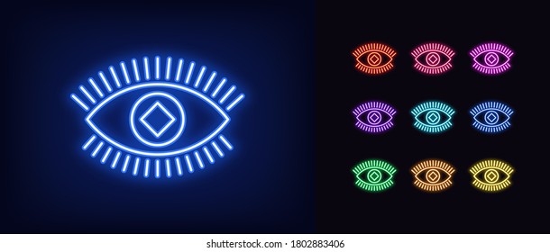 Neon magic eye icon. Glowing neon eye sign with rhombic iris, healthy vision in vivid colors. Health care about sight, ophthalmology clinic, eye surgery. Icon set, sign, symbol. Vector illustration