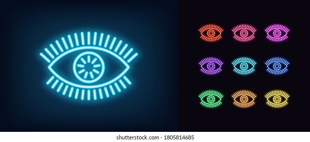 Neon magic eye icon. Glowing neon eye sign with iris, healthy vision in vivid colors. Health care about sight, ophthalmology clinic, eye surgery. Icon set, sign, symbol for UI. Vector illustration