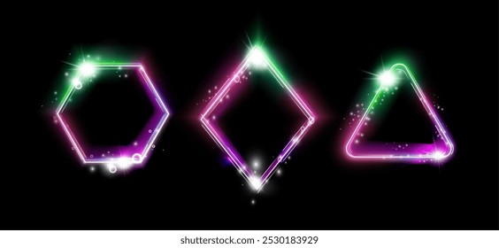 Marcos mágicos de neón, conjunto de bordes realistas con efecto brillante. Iconos aislados de Vector con espacio de copia, resaltado de redes sociales, Anuncios o gráficos de tipografía. Formas hexagonales y triangulares