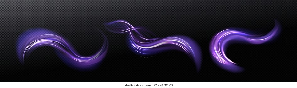 Neon Magic Glowing Swirl, Wind Effect Purple Twirl With Blue Shine. Swirl Of Wand Spell . Magician, Wizard Or Fairy Light, Shiny Trace Isolated On Black Background Realistic 3d Vector Illustration