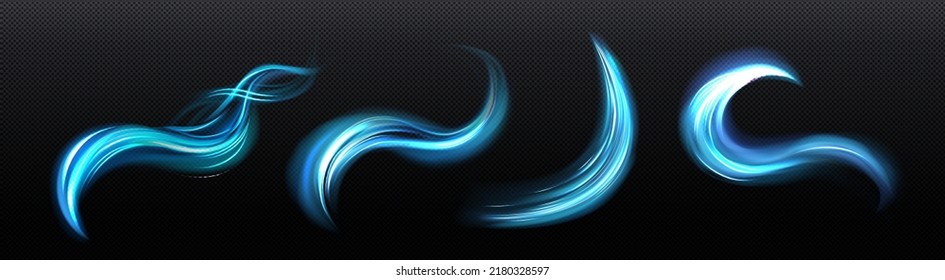 Neon Magic Glowing Swirl, Wind Effect Blue Twirl With Shine. Swirl Of Wand Spell . Magician, Wizard Or Fairy Light, Shiny Trace Isolated On Black Background Realistic 3d Vector Illustration