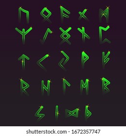 Neon magic green stylized runes set, pagan Wicca, theurgy, cult mystical spiritualism ritual  esoteric symbols set glowing in the dark mythological witchcraft. Vector elemnts. 