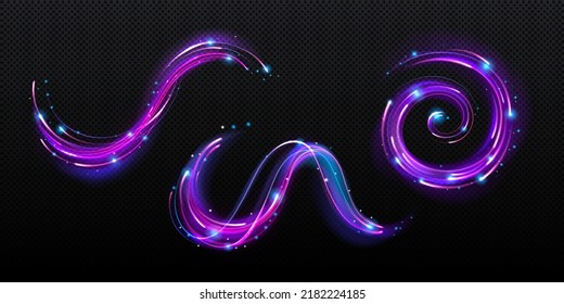 Neon Magic Swirl, Wind Effect Purple Twirl With Blue Sparkles. Swirl Of Wand Spell . Magician, Wizard Or Fairy Light, Shiny Trace Isolated On Black Background Realistic 3d Vector Illustration