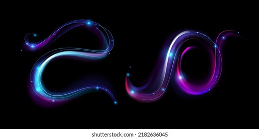 Neon Magic Swirl, Wind Effect Purple Twirl With Stars And Sparkles. Swirl Of Wand Spell . Magician, Wizard Or Fairy Light, Shiny Trace Isolated On Black Background Realistic 3d Vector Illustration