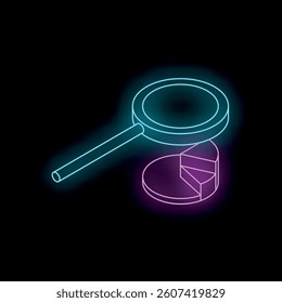 Neon magnifying glass analyzing a section of a pie chart, representing market analysis, financial audit, and business strategy