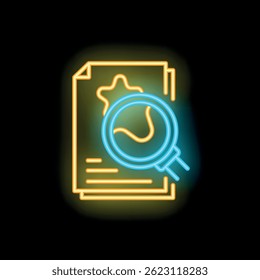 Neon magnifying glass is hovering over a document, symbolizing the concept of auditing and due diligence