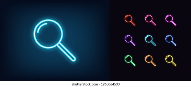 Neon magnifying glass icon. Glowing neon search sign, outline loupe pictogram in vivid colors. Online search, data analysis, find information and exploration. Vector icon set, sign, symbol for UI