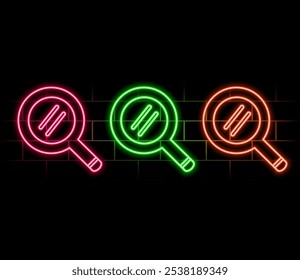 Neon magnifying glass icon. Glowing neon search sign, outline loupe pictogram in vivid colors. Online search, data analysis, find information and exploration. Vector icon set, sign, symbol for UI.