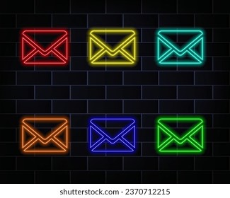 Neon mail envelope icon. Glowing neon email sign, received message silhouette in bright colors. Personal mail, online private message, mobile notification. red. yellow, blue, pink, orange.