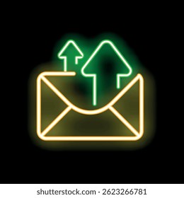 Neon mail envelope with uploading arrows on black background, concept of sending email