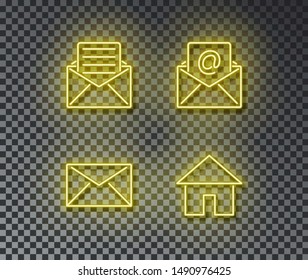 Neon mail signs vector isolated on brick wall. Post mail, letter, home, open, envelope light symbol, decoration effect. Neon email illustration.