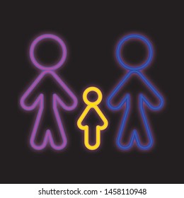 Neon male LGBT family icon with child on black background. Pregnancy and parenthood concept icons set. LGBT parenting. Adoption, parenting, for app, website or Web Page. Vector illustration.