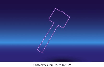 Neon mallet symbol on a gradient blue background. The isolated symbol is located in the bottom center. Gradient blue with light blue skyline