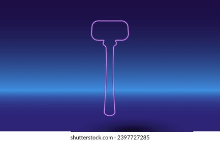 Neon mallet symbol on a gradient blue background. The isolated symbol is located in the bottom center. Gradient blue with light blue skyline