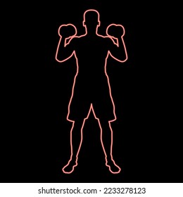 Neon man doing exercises with dumbbells sport action male workout silhouette front view icon black color vector illustration flat style simple imagein circle round red color vector illustration image