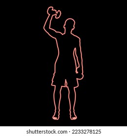 Neon man doing exercises with dumbbells sport action male workout silhouette front view icon black color vector illustration flat style simple imagein circle round red color vector illustration image