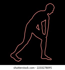 Neon man doing exercises for warm up sport action male workout silhouette before you run side view icon black color vector illustration flat style simple imagein circle round red color vector