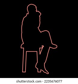 Neon man drinking from mug sitting on stool with crossed leg Concept relax red color vector illustration image flat style light