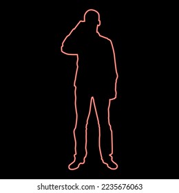 Neon man drinking from mug standing red color vector illustration image flat style light