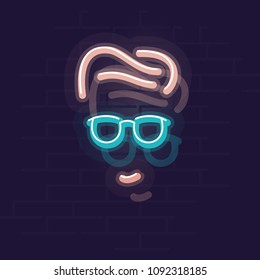 Neon man face. Night illuminated icon. Isolated illustration on brick wall background.