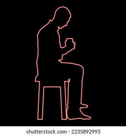 Hombre neón agarrando la taza y mirando el contenido dentro mientras se sienta en el taburete Concepto de calma y comodidad del hogar color rojo ilustración vectorial imagen de estilo plano