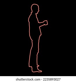 Neon man with mug standing red color vector illustration image flat style
