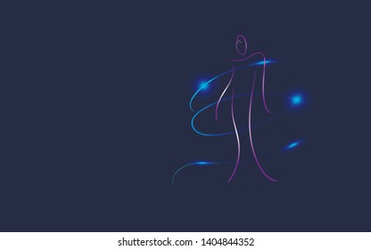 neon man on a night background in a binding with neon ribbons a good background for night clubs