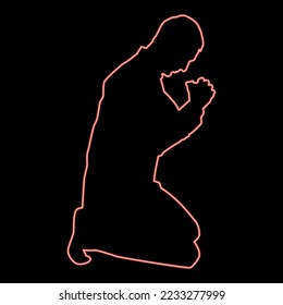 Neon man pray on his knees silhouette icon black color vector illustration flat style simple imagein circle round red color vector illustration image flat style light