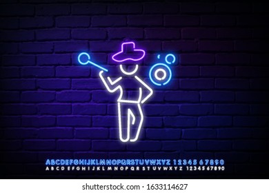 Neon man puts on a bubble show. circus show. Neon juggler for a children's party. Soap show neon icon. Children birthday animator.