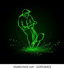 Neon man rides a snow scooter. Vector winter extreme sport illustration on black background. Ski bike Trick linear neon banner.