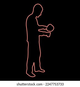 Neon man with saucepan in his hands preparing food Male cooking use sauciers water poured in mug red color vector illustration image flat style light