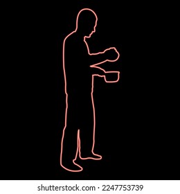 Neon man with saucepan in his hands preparing food Male cooking use sauciers with open lid red color vector illustration image flat style light