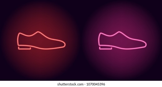 Neon man shoe in red and pink color. Vector illustration of man shoe with heel consisting of neon outlines, with backlight on the dark background