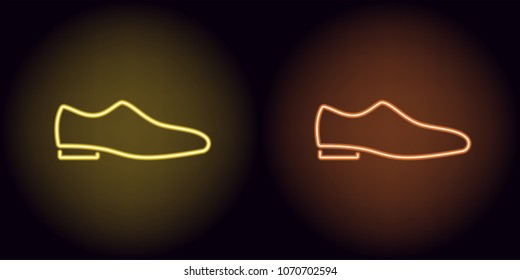 Neon man shoe in yellow and orange color. Vector illustration of man shoe with heel consisting of neon outlines, with backlight on the dark background