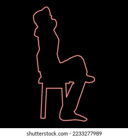 Neon man sentado pose con las manos detrás de la cabeza joven sentado en una silla con su pierna silueta arrojada icono color negro ilustración vectorial estilo plano imagen simple círculo redondo color rojo vector