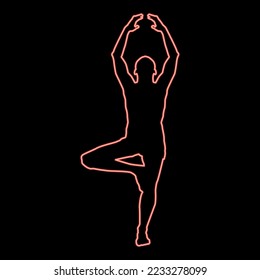 Neon man stands in the lotus position doing yoga silhouette icon black color vector illustration flat style simple imagein circle round red color vector illustration image flat style light
