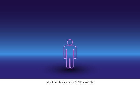 Neon man symbol on a gradient blue background. The isolated symbol is located in the bottom center. Gradient blue with light blue skyline